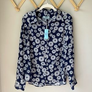 NWT Hawes & Curtis Relaxed Fit Daisy Flowers Navy/White Blouse, Size UK 12/ US 8